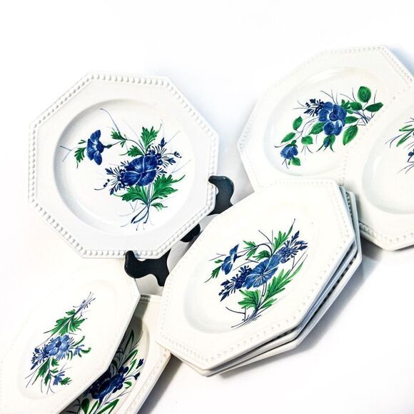 VTG Gialletti Pimpinelli Earthenware Plates Blue Floral Italy Set of 8 - Picture 4 of 12